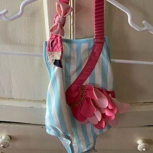 Mud Pie Blue and White Striped Baby Swimsuit with Pink Accent